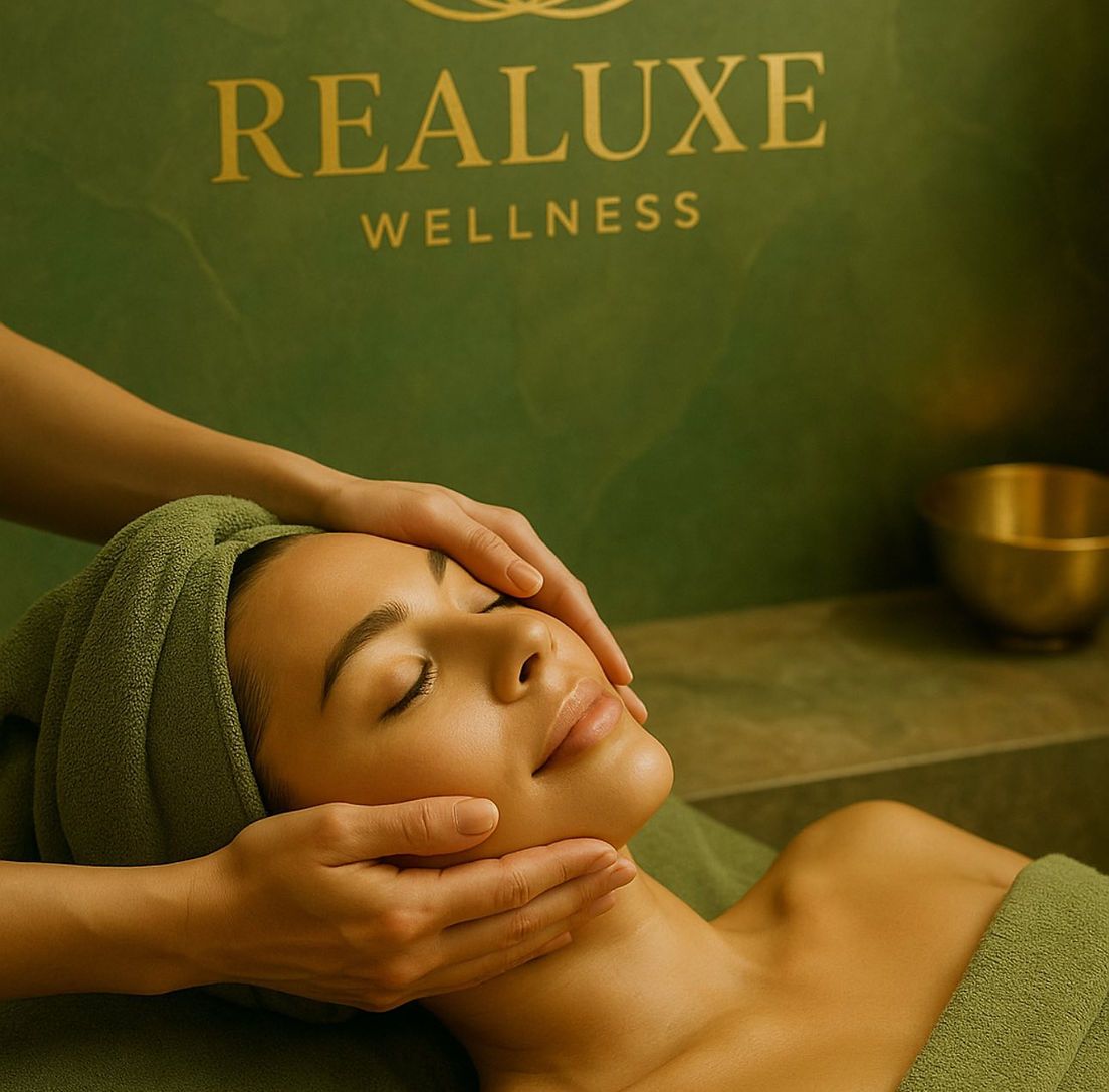 Client receiving facial massage at Realuxe Wellness with green towel and gold branding