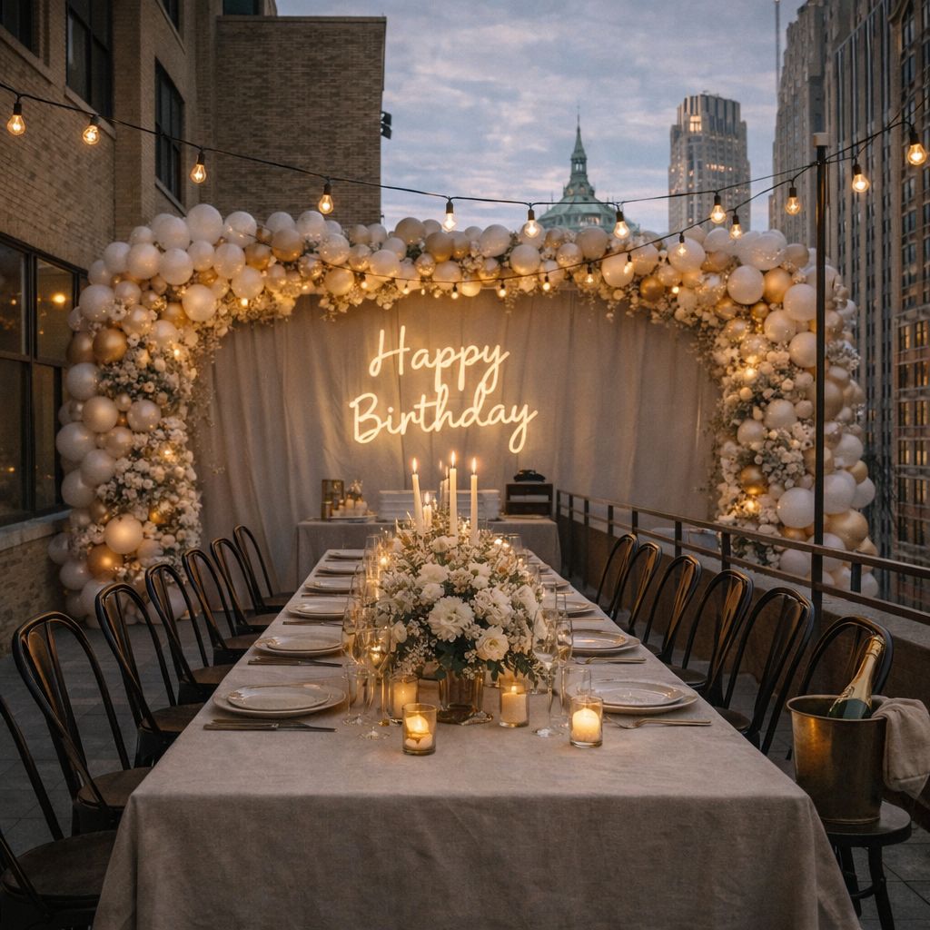 Birthday celebration with balloon arch