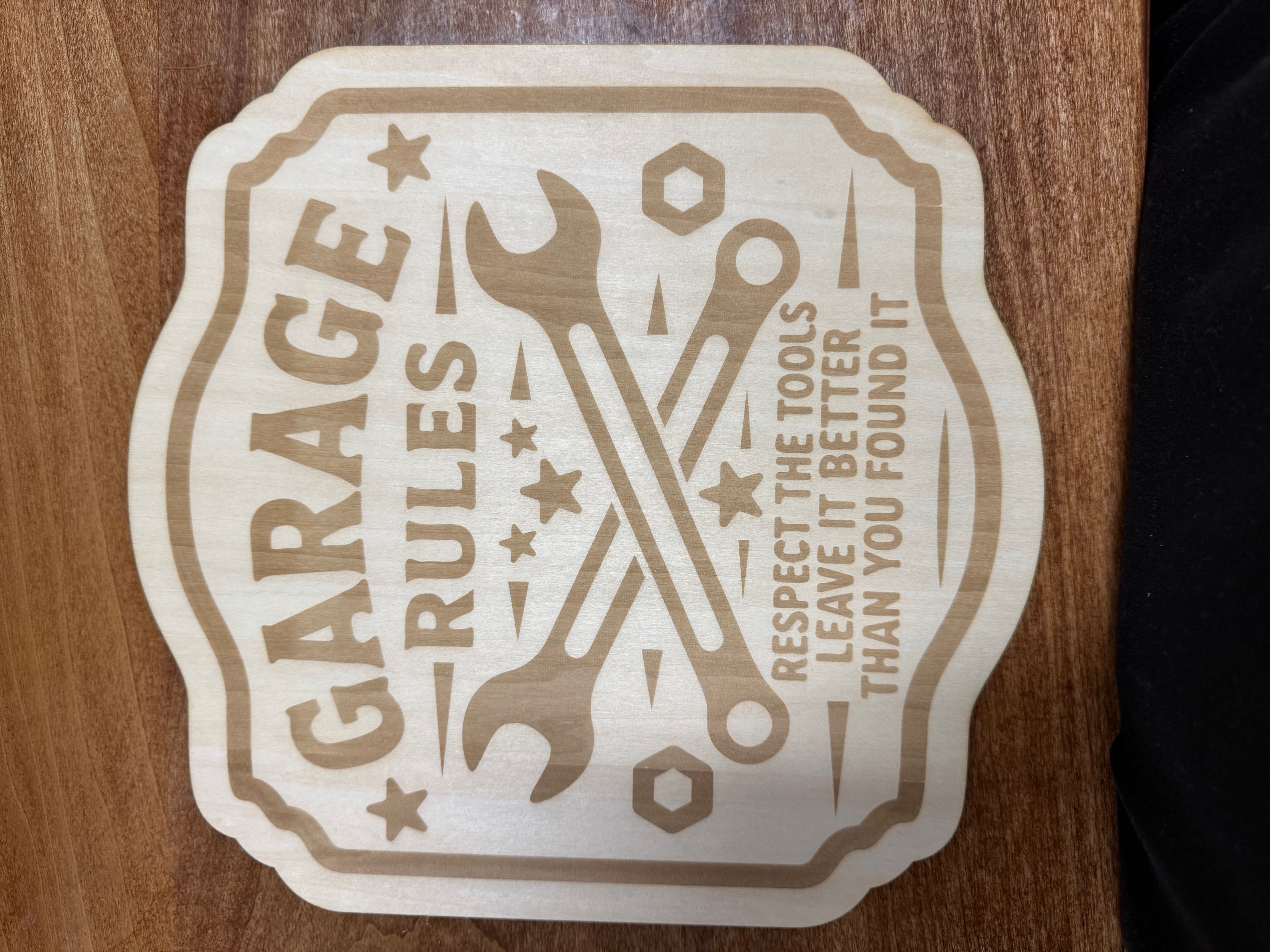 Engraved Garage Rules wooden plaque