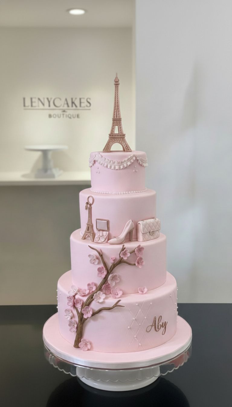 Styled four-tier celebration cake with Paris theme, pink florals, and personalized name by NYCakes Boutique