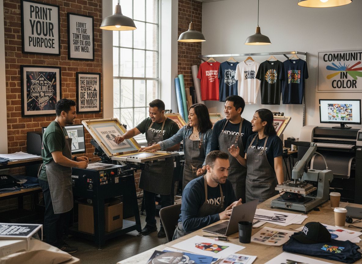 Black-owned PrintzOnDeck team collaborating on custom print projects with diverse staff