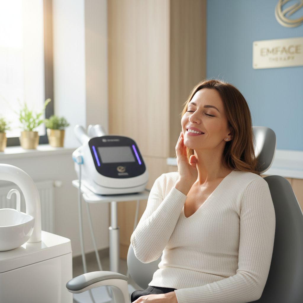 Patient smiling after EMFACE TMJ relief treatment in North Carolina