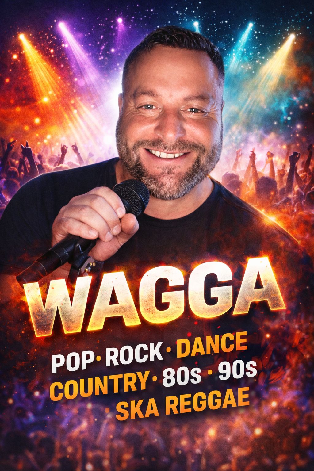 WAGGA smiling with microphone in front of colourful crowd with raised hands and vibrant stage lights