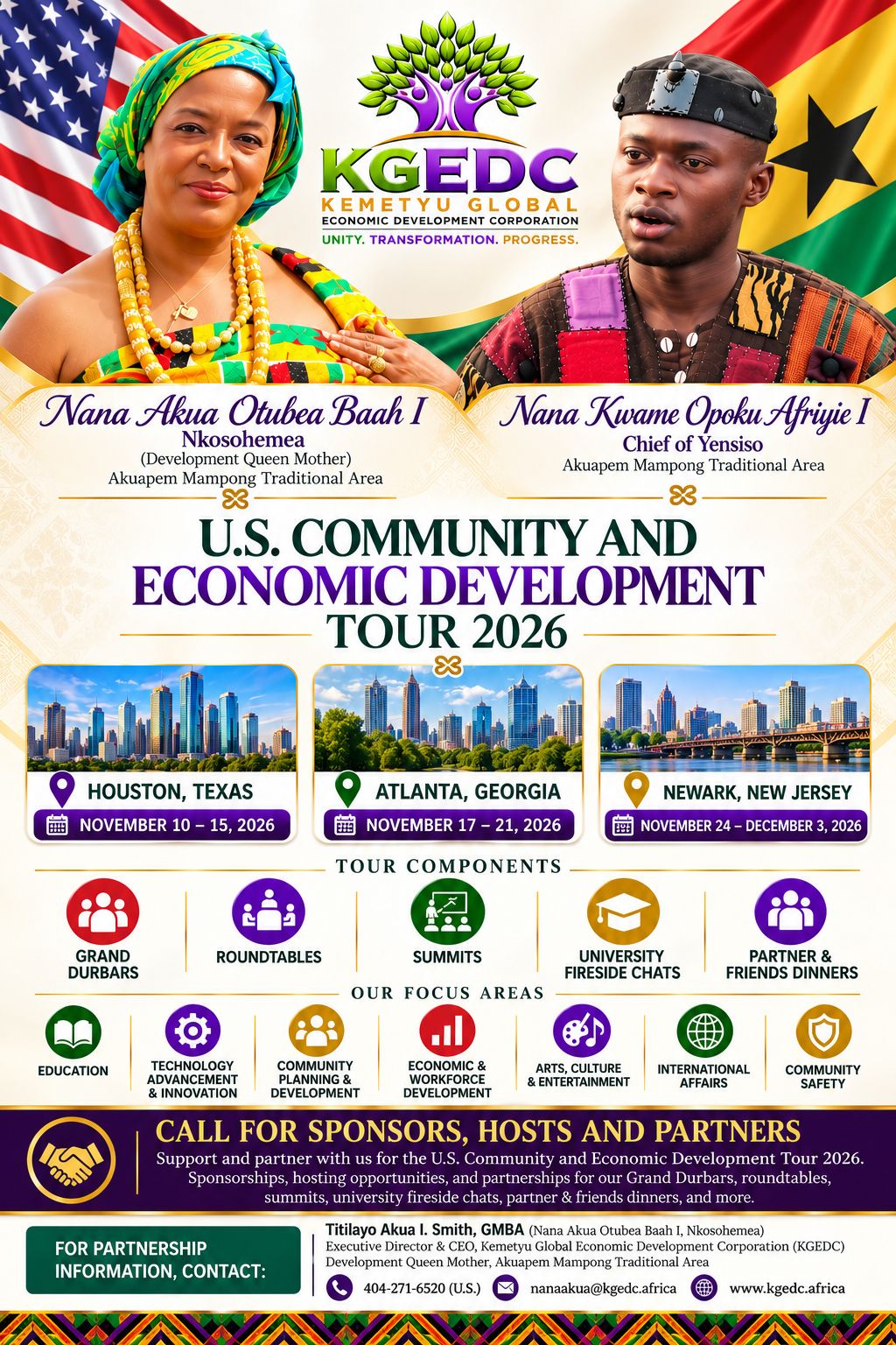 KGEDC U.S. Community & Economic Development Tour 2026 flyer featuring Nana Akua Otubea Baah I and Nana Kwame Opoku Afriyie I
