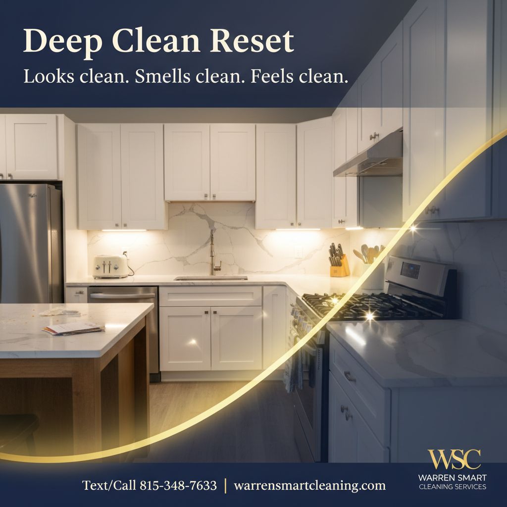 Deep cleaning kitchen reset with sparkling countertops and appliances