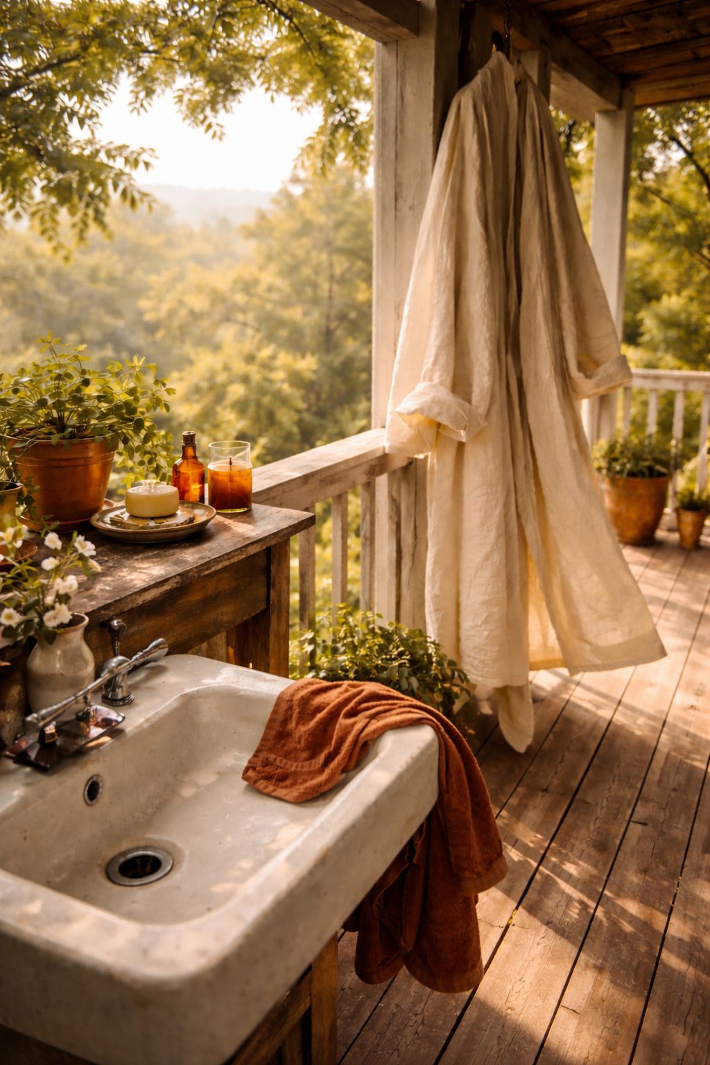 Rustic outdoor porch with robe, candles, and nature