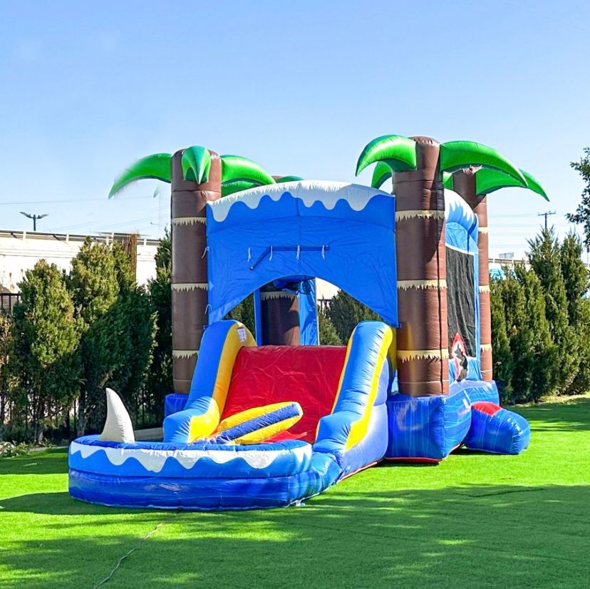 Shark Attack combo bounce house with slide and water features