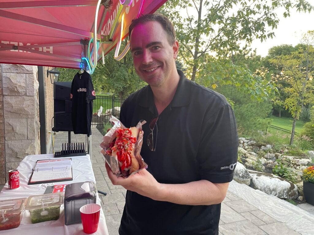 Gourmet hot dog from Hometown Hot Dogs for private event catering